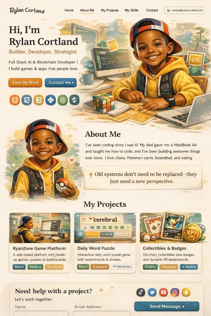 Rylan Cortland, 11-year-old developer at his desk